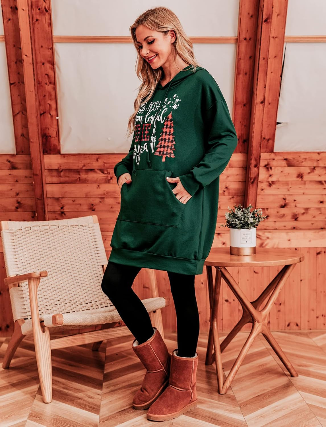 Women Christmas Hooded Dress Casual Long Sleeve Oversized Sweatshirts Dress with Pocket