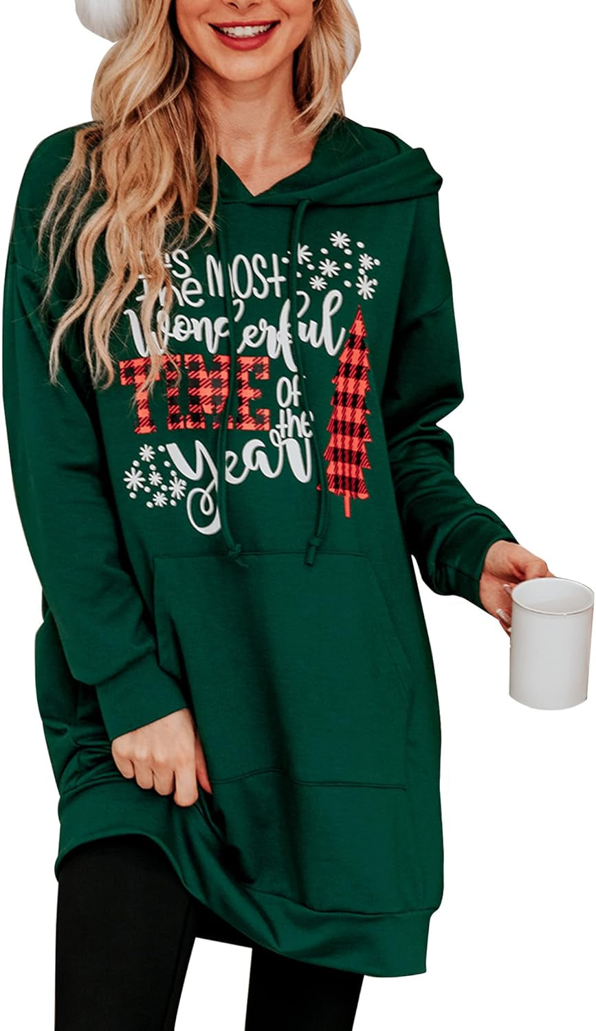 Women Christmas Hooded Dress Casual Long Sleeve Oversized Sweatshirts Dress with Pocket