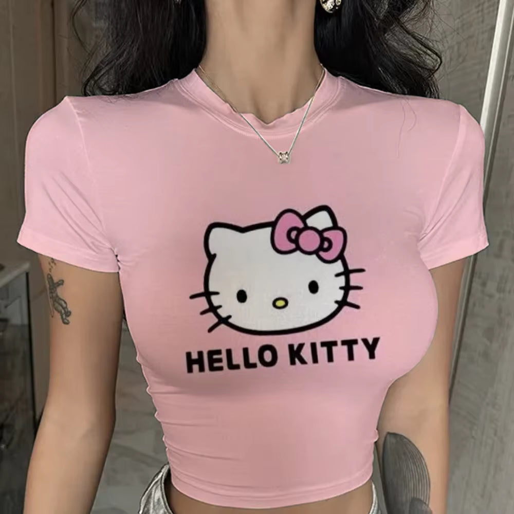 Hello Kitty Cute Print Crop Top Basic Casual Crewneck Short Sleeve T-Shirt Women Harajuku Slim Tees Vintage Fashion Y2K Outfits