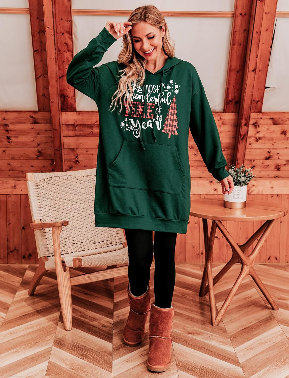 Women Christmas Hooded Dress Casual Long Sleeve Oversized Sweatshirts Dress with Pocket