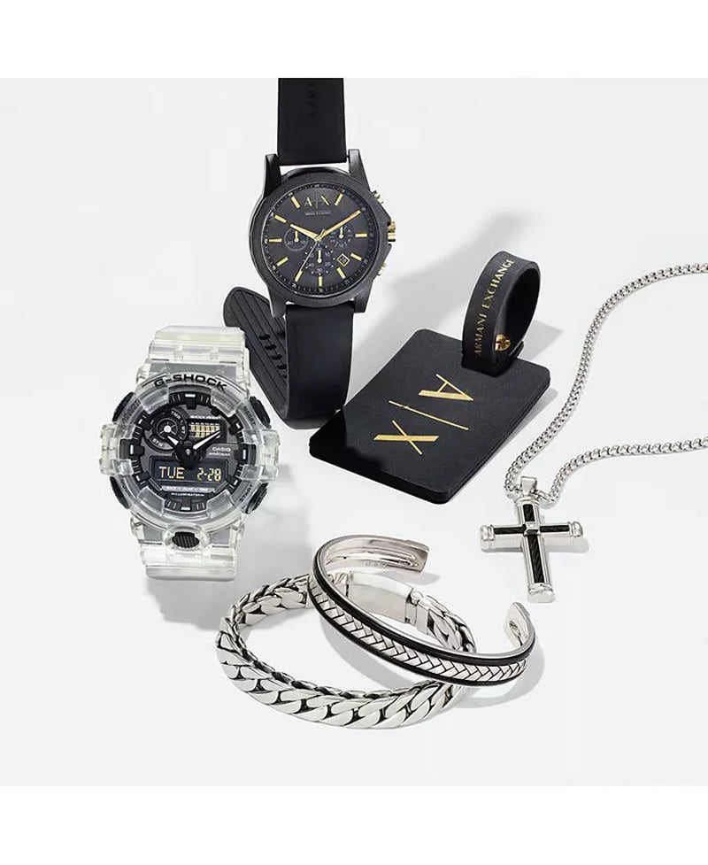 Men'S Chronograph Black Silicone Strap Watch 45Mm Gift Set