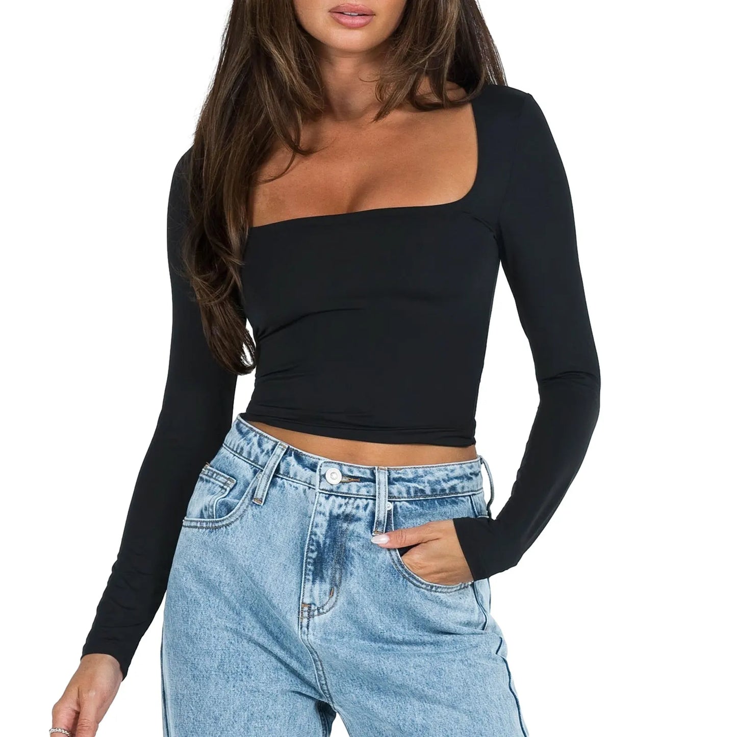 Cropped Tees Y2K Clothes for Women Solid Color O Neck Long Sleeve T Shirt 2000S Crop Tops Casual Streetwear