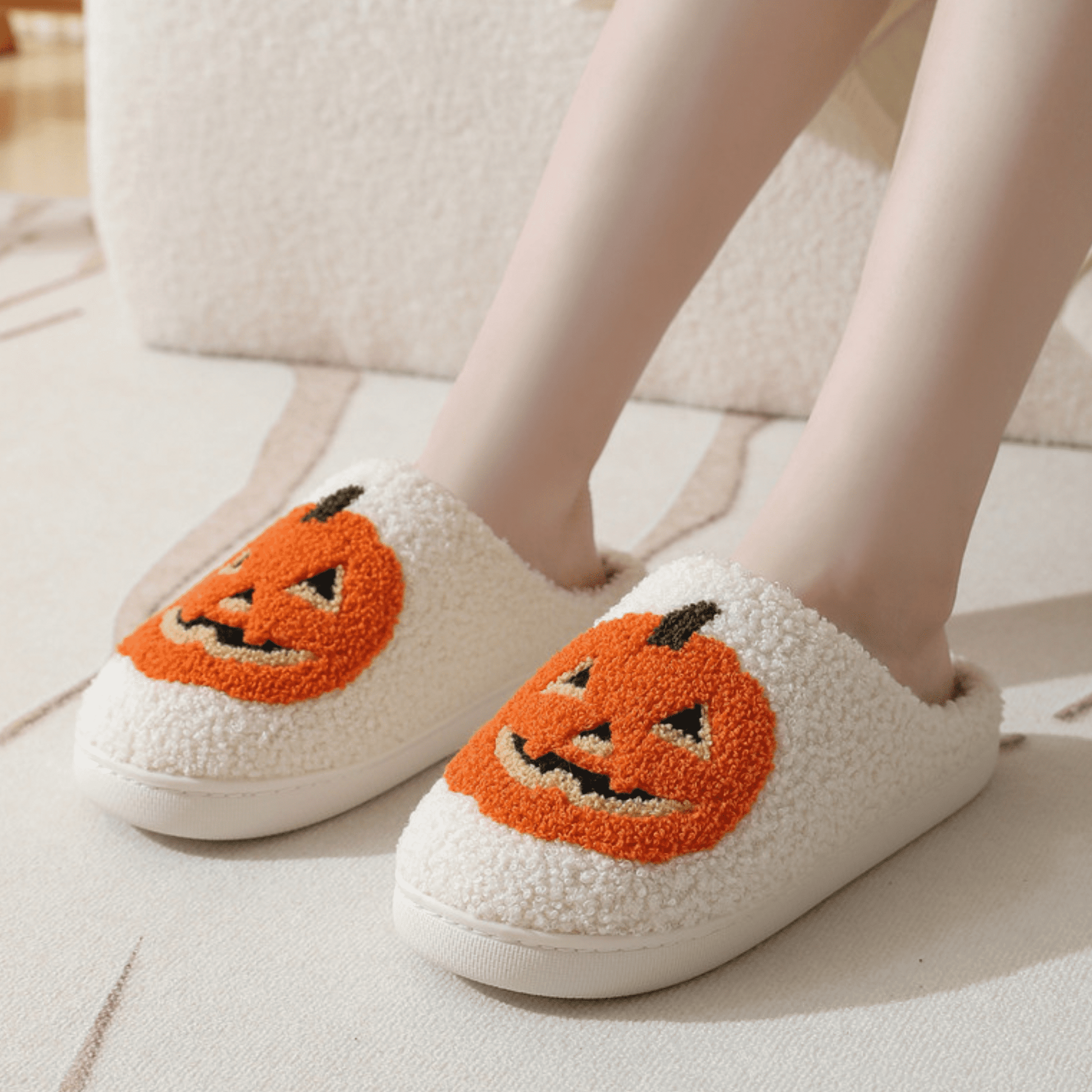 Cute Halloween Slippers for Women Perfect Soft Plush Comfy Warm Slip-On Halloween Pumpkin Bat Slippers Fo Women Indoor Fluffy House Slippers for Women and Men Non-Slip Fuzzy Flat Slides