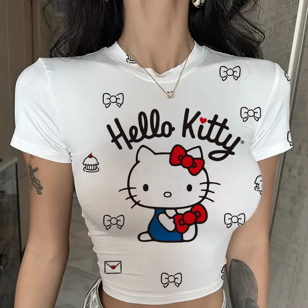 Hello Kitty Cute Print Crop Top Basic Casual Crewneck Short Sleeve T-Shirt Women Harajuku Slim Tees Vintage Fashion Y2K Outfits